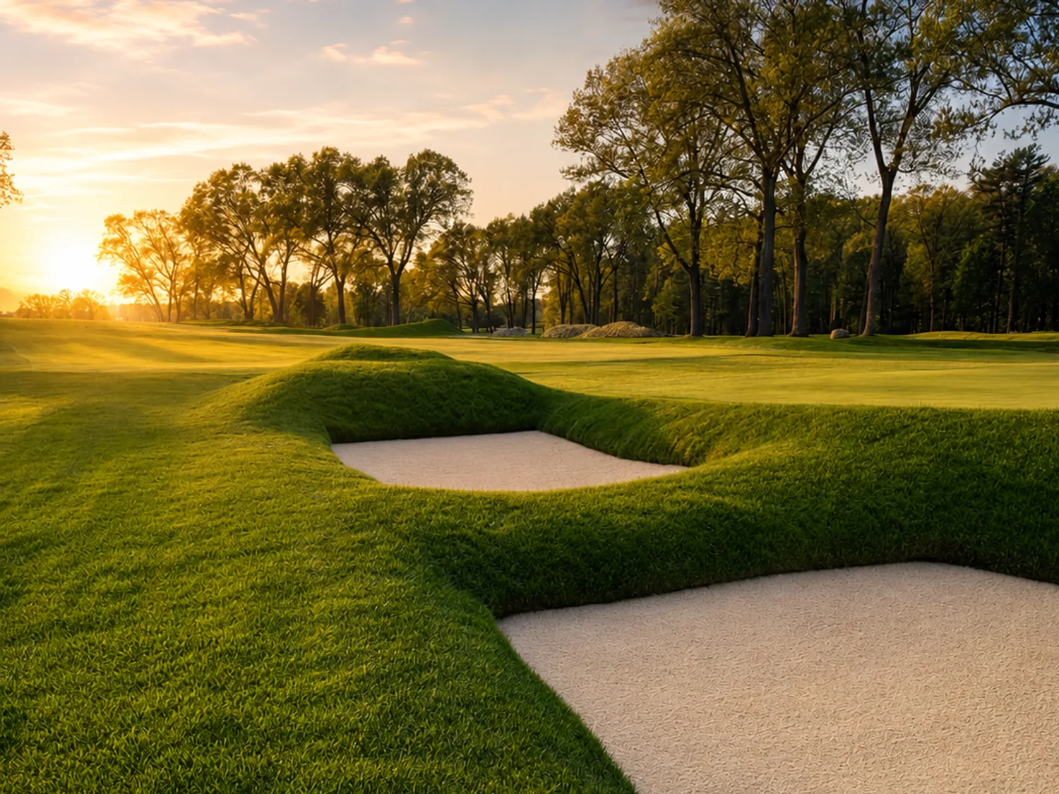 Sculpted sand bunkers shaped into the fairway at golden hour