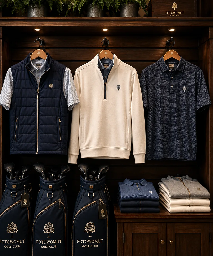 Potowomut-branded apparel and golf bags on dark wood paneling